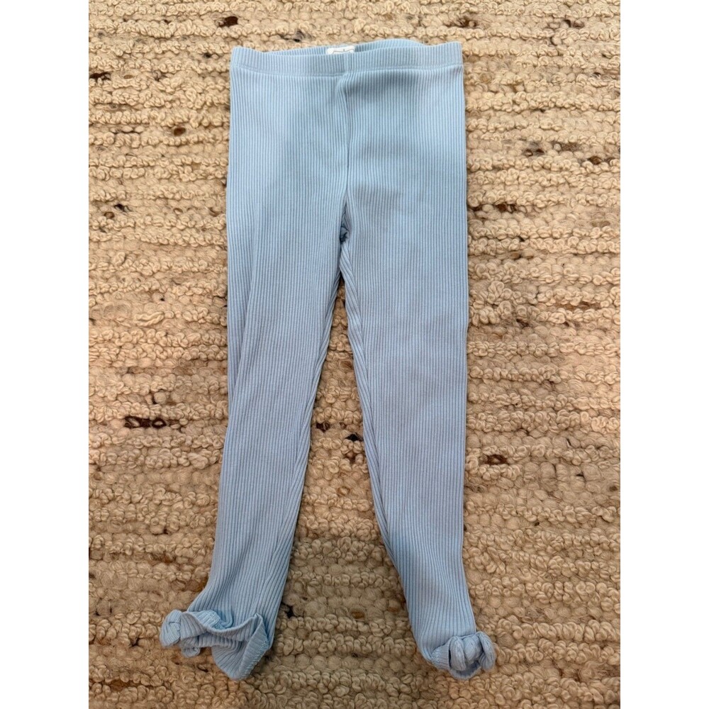 Mud Pie Girls Blue Ribbed Leggings Size 3T Bow Hem Pull-On Pants